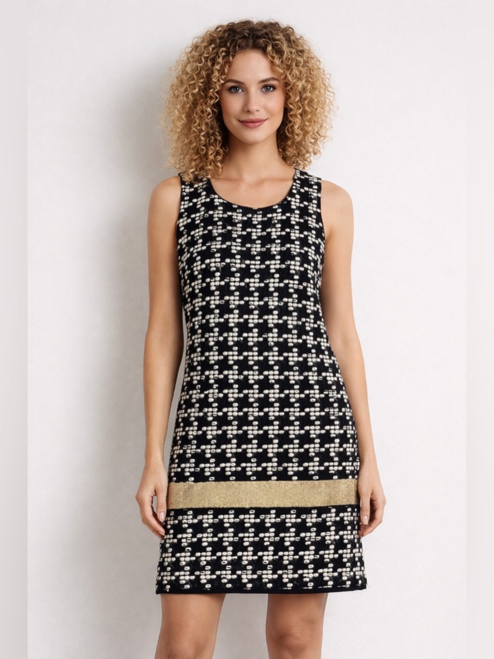 Ella Luna Black and White Patterned Sleeveless Dress with Gold Band